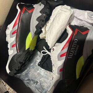 Valentino Garavani White, Black & Red Trail Sneakers with Neon Yellow Detail